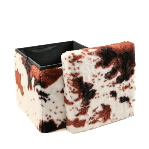 Luxe Faux Fur Storage Ottoman, Cowhide Brown/White, 12 x 12 x 12 in | Engineered Wood, Tool-Free Assembly, Modern Style, Seat And Footrest - color: Cowhide Brown/White, size: 12"D x 12"W x 12"H