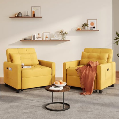 Convertible Sleeper Chair Sofa Bed, Adjustable Backrest, Yellow | 3 in 1 Chair Bed, Adjustable Backrest, Storage Pocket, Compact Fit for Living Rooms, Apartments, Guest rooms - color: Yellow