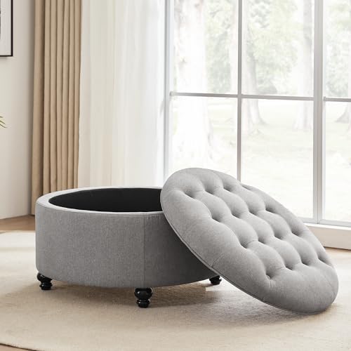 HUIMO 30-Inch Round Storage Ottoman, Button Tufted Coffee Table(Grey) | Ottoman Coffee Table with Removable Top, Upholstered Ottoman with Storage, Footrest Stool for Living Room, Bedroom and Office - color: Grey
