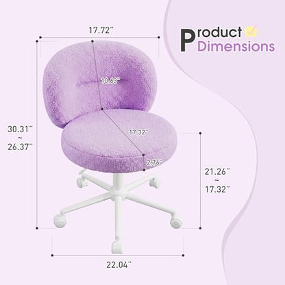 Homkdom Round Vanity Chair with Silent Wheels, 17.32" Wide Seat | Height Adjustable, 360 Swivel & Smooth Rolling, Armless Design for Makeup and Study - Purple - color: Purple