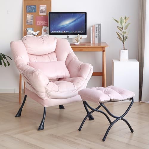 Lazy Chair with Ottoman, Velvet Reading Chair with Pillow，Pink | Comfy Accent Lounge Chair with Pillow & folding Foot Stool, sturdy metal frame for bedroom, dorm or apartment, Living Room - color: Pure Pink