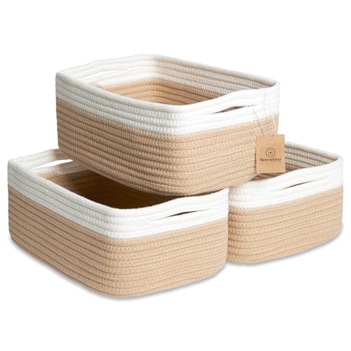 NaturalCozy 11.8"x8"x4.5” Storage Baskets for Shelves 3 Pack | Cotton Rope Woven Small Baskets for Organizing | Small Storage Bins for Nursery, Bathroom, Closet, Cube Shelf, Decorative, Gift Basket - color: Off White & Tan Brown, size: 11.8" x 8" x 4.5"