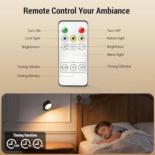 Rechargeable Wall Sconces, Renter-Friendly Peel & Stick (2PCS) | Long 160H Battery, 3 Color Temps, 4 Bright, Touch/Remote, 360° Rotate, for Bedroom, Living Room, Hallway, Reading (Black) - color: Black