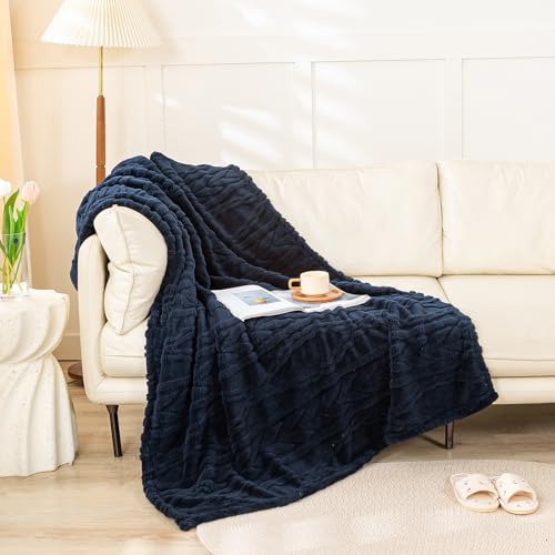YUSOKI Sherpa Fleece Large Throw Blanket, Navy Blue, 50"x65" | 3D Stylish Design,320GSM, Non-Shedding, Lightweight for All Season Use, stays fluffy after repeated washes, Perfect Gifts - color: Navy-(without Pillows), size: Throw (50" x 65")