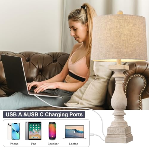 BOBOMOMO Retro 27" USB Charging Ports A/C Wash-White Farmhouse Lamps for Bedrooms Side Table Lamps Bedside Lamp for Nightstand Living Room 1 Pack (Blubs not Included) - color: Off-White
