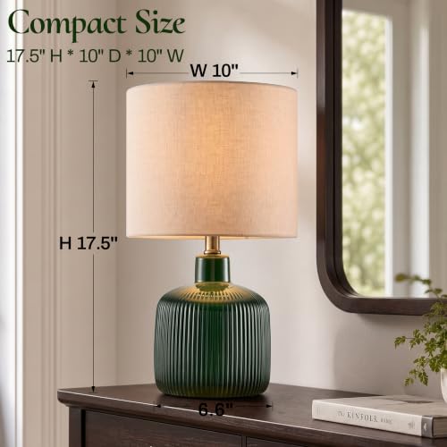 Glazed Ceramic Table Lamp, 17.5" Rustic Farmhouse Bedside Lamp with Beige Linen Shade, Warm Ambient Nightstand Lighting for Bedroom or Living Room, Dark Green Glossy