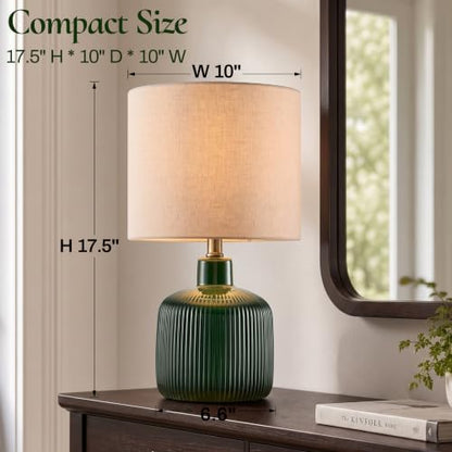 Glazed Ceramic Table Lamp, 17.5" Rustic Farmhouse Bedside Lamp with Beige Linen Shade, Warm Ambient Nightstand Lighting for Bedroom or Living Room, Dark Green Glossy