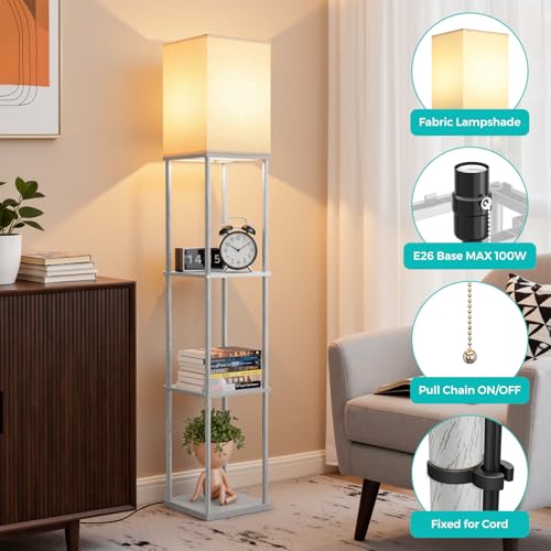 Floor Lamp with Shelves, 3-Tier Square Bookshelf Standing Lamp Dark Grey | 3 Color Temperature Bulb Included, Pull Chain Tall Lamp for Living Room Bedroom Corner Office Apartment Decor - color: Dark Grey