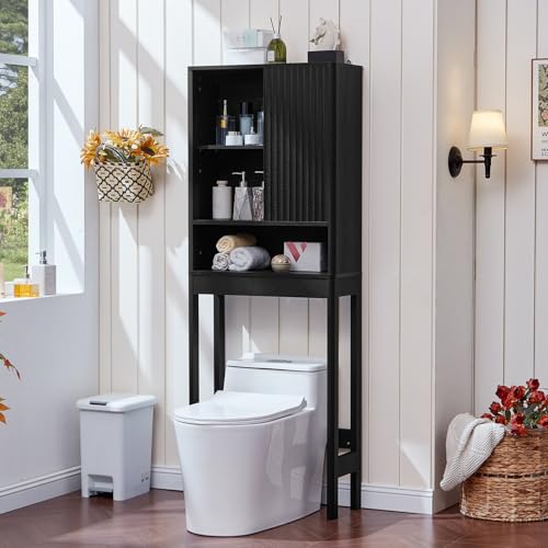 LEYAOYAO 68" Modern Fluted Over The Toilet Storage Cabinet, a Sliding Door | Over Toilet Bathroom Organizer, Freestanding Washer Shelf with Adjustable Shelf & Curved Profile - color: Black-fluted, size: 10"D×23.3"W×68"H