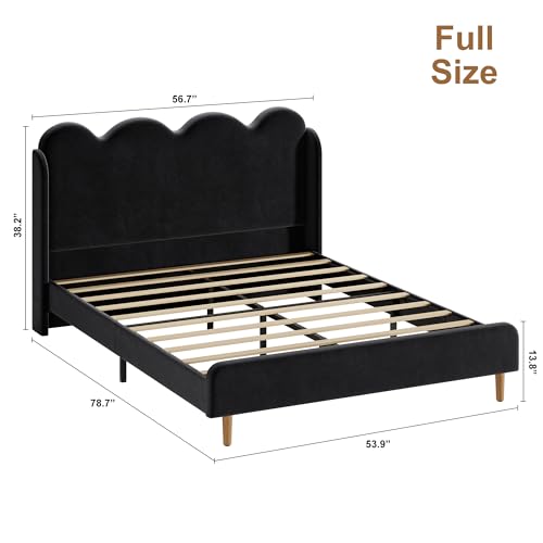 Garvee Full Size Upholstered Platform Bed Frame, Scalloped Wave Tall Headboard, Chenille Wingback Design, Wood Slat Support, No Box Spring Needed, Easy Assembly, Black | Scalloped Wave Tall Headboard, Wood Slat Support, No Box Spring Needed, Easy Assembly