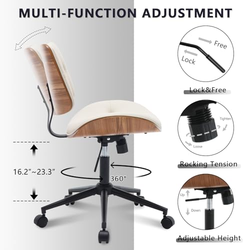 Armless Home Office Chair in Button Style, PU Leather Small, Beige | PU Leather Adjustable Height Computer Desk Chair, 360 Swivel Small No Arms Office Seat, Walnut Design Stool, 300LBS Cap - color: Beige, size: Button Style