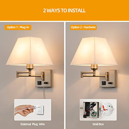 Plug in Wall Light,Swing Arm Wall Sconces with USB Port and Outlet,Wall Lamp with White Fabric Shade Dimmable Switch for Bedroom, Living Room , Office Nickel - color: Sand Nickel