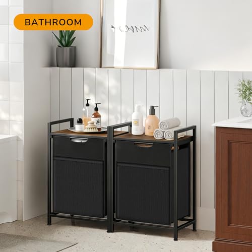 Laundry Hamper with Shelf, Laundry Basket with 1 Large Pull-Out Removable Bags, 1 x 18.3 Gallons(69L), Metal Frame, Lockable Wheels, for Laundry Room and Bedroom - color: Black and Rust (1 Bag 69L)