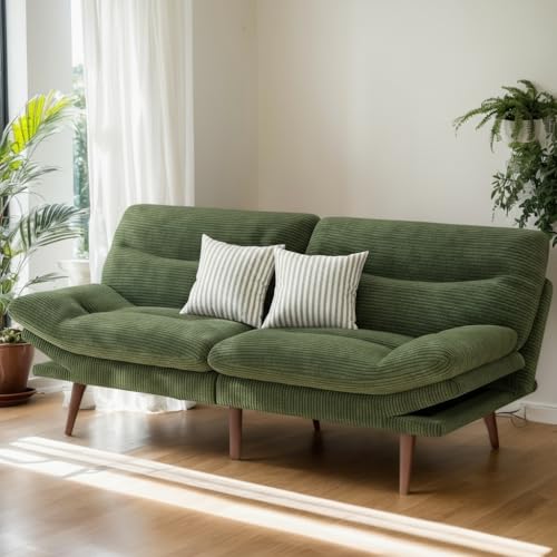 Amada 75 inch 3-in-1 Convertible Futon Sofa Bed, Green | Adjustable backrest and armrests, heavy-duty wood frame and solid wood legs, loveseat for compact apartments and offices - color: Green, size: 75 Inch