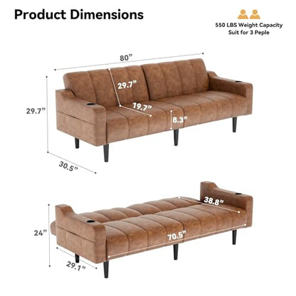 80'' Futon Sofa Bed, Faux Leather Sleeper Couch, Convertible Loveseat with Adjustable Sofa Backrest, Modern Couches for Living Room, Bed Room, Apartment, Office (Light Brown) - color: Faux Leather Light Brown