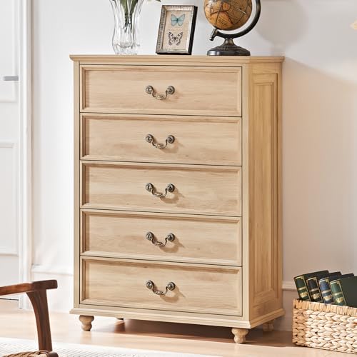 Joaxswe Farmhouse 5 Drawer Dresser for Bedroom, 45" Tall Vinatge Chests of Drawers w/ 4 Solid Gourd Feet, Mid Century Modern Boho Wood Closet Storage Dressers Organizer for Living Room, Natural Oak - color: Natural, size: 15.7"D x 31.5"W x 44.9"H (5 Drawe