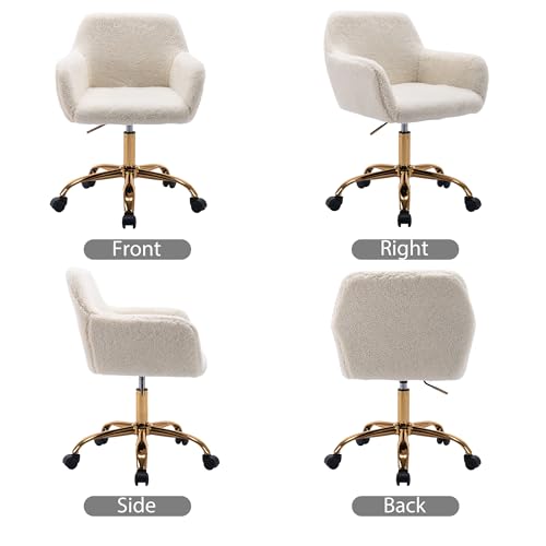 Faux Fur Office Desk Chair, Comfy Swivel Armchair with Wheels, Upholstered Fuzzy Vanity Chair, Adjustable Height, White | Fluffy Swivel Modern Armchair Upholstered Fuzzy Height Adjustable for Teens Women Girls Elegant for Living Room Bedroom - color: Whit