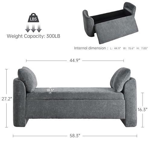 Usaint 58.3" Upholstered Storage Ottoman Bench with 2 Pillows, Charcoal | End of Bed Bench with Curved Arms and Thickened Seat Cushion for Bedroom, Livingroom, Window, Entryway and Dressing Areas - color: Charcoal