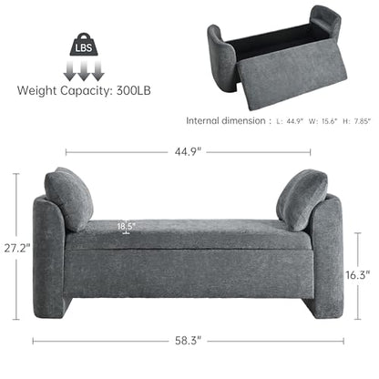 Usaint 58.3" Upholstered Storage Ottoman Bench with 2 Pillows, Charcoal | End of Bed Bench with Curved Arms and Thickened Seat Cushion for Bedroom, Livingroom, Window, Entryway and Dressing Areas - color: Charcoal