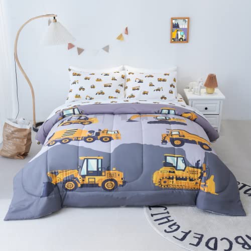 Cokouchyi Twin Size Comforter Set for Boys, 4-Piece Bed in a Bag, 3D Construction Bedding Comforter Sheet Set, Ultra Soft and Fluffy, Cartoon Truck Cars - color: Truck Cars, size: Twin