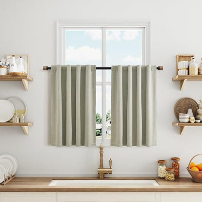 Sage Green 100% Blackout Kitchen Linen Curtains Back Tab 30 Inch Length Privacy Elegant Mini Cafe Curtain for Rustic Farmhouse Bathroom Thermal Insulated Bath Room Over Sink Drape 26x30 - color: Sage Green, size: 26"W x 30"L (Pack of 2)