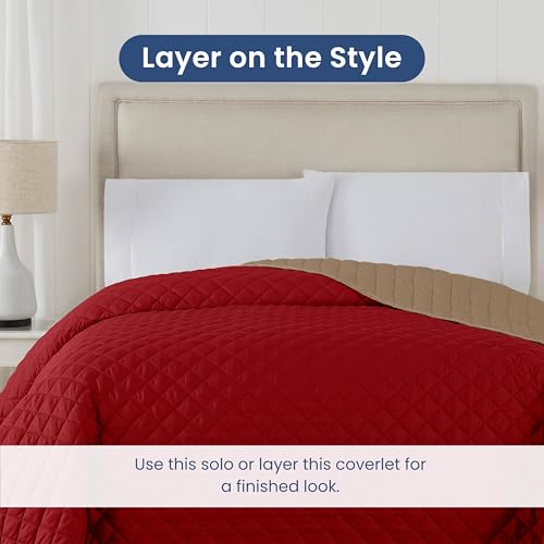 Martex Reversible Coverlet – Full Queen Size Quilt - Lightweight Full Size Bedding– Durable Queen Size Quilts for Bed – Soft - Easy Care Bedding – Khaki/Red - color: Khaki/Red, size: Full/Queen