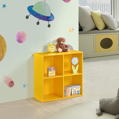 Kings Brand Furniture George 4-Cube Storage Organizer, 2-Tier Bookcase with Wood Shelves for Living Room, Bedroom, Nursery, or Home Office - color: Yellow