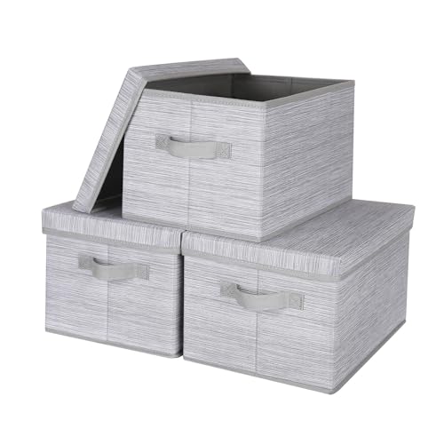 WUIKE Storage Bins with Lids, Collapsible Stackable Storage Bins with Handles, Clothing Storage Containers for Closet, Fabric Shelf Baskets, Large, Light Gray/Slub Gray, 3-Pack - color: Slub Gray, size: Large