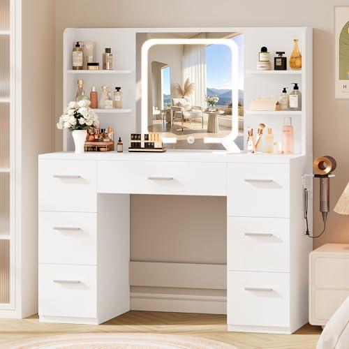 LIVELYGLOW 43" Large White Makeup Vanity Desk with Charging Station | Smart LED Mirror, Hairdryer Holder, 7 Drawers, 4 Shelves - color: White