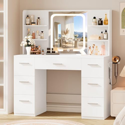 LIVELYGLOW 43" Large White Makeup Vanity Desk with Charging Station | Smart LED Mirror, Hairdryer Holder, 7 Drawers, 4 Shelves - color: White