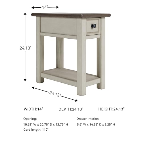 Signature Design by Ashley Bolanburg Narrow End Table, Charging Station | Slim 14-inch profile with USB charging, Wood, White oak veneers and engineered wood, Farmhouse style for small living rooms - color: Dark Brown & White