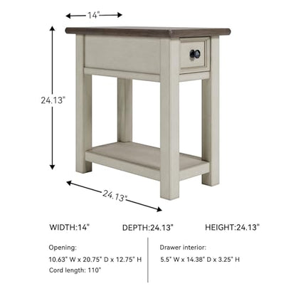 Signature Design by Ashley Bolanburg Narrow End Table, Charging Station | Slim 14-inch profile with USB charging, Wood, White oak veneers and engineered wood, Farmhouse style for small living rooms - color: Dark Brown & White