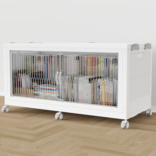BROVIEW 340QT Extra Large Stackable Storage Bins with Lid, 1Pack White | 85Gal Plastic Collapsible Cabinets Containers, Wheels & PET Doors, Foldable Closet Organizers Drawers for Office, Dorm - color: White, size: 85Gal-1Pack