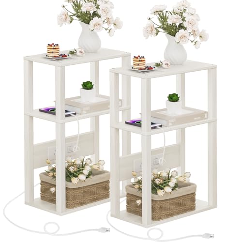 YUFAM 3-Tier Narrow Bedside Table Set 2 for Small Spaces, Skinny Nightstand | Thin Side Table with Charging Station, Slim End Table with USB & Outlets, Easy Assembly for Living Room, Bedroom, Grey White - color: Grey White, size: 2 Pack