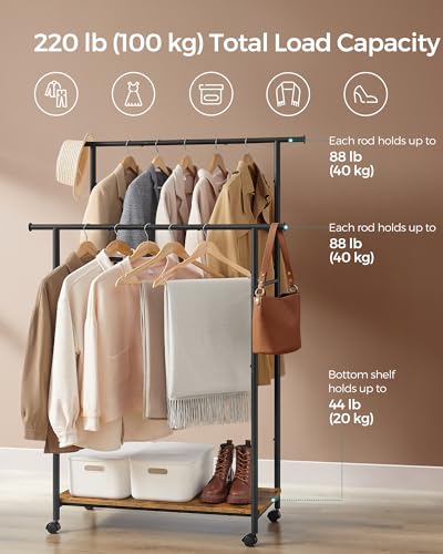 SONGMICS Clothes Rack with Wheels, Double-Rod Clothing Rack for Hanging Clothes, 38.8 Inches Garment Rack with Shelf, Loads up to 220 lb, for Bedroom, Closet, Rustic Brown and Ink Black UHSR152B01 | Clothing Rack for Hanging Clothes, 38.8 Inches, Loads up