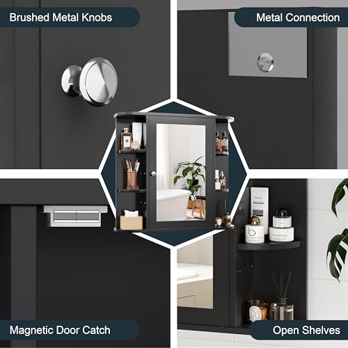 Bathroom Medicine Cabinet with Mirror, Wall Mounted Home Storage with Door, Over The Toilet Space Saver Storage Cabinet, Bathroom Cabinet Wall Mounted, Black