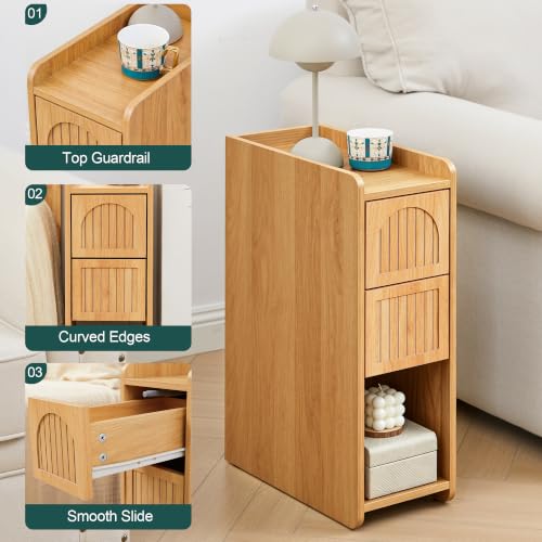 Narrow Nightstand Set of 2, Wooden Small 2 Drawer Nightstand, Slim Side End Table, Skinny Bedside Table, Mid Century Modern Night Stand with Drawers for Bedroom (Yellowish Natural) - color: Yellowish Natural