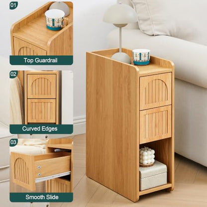 Narrow Nightstand Set of 2, Wooden Small 2 Drawer Nightstand, Slim Side End Table, Skinny Bedside Table, Mid Century Modern Night Stand with Drawers for Bedroom (Yellowish Natural) - color: Yellowish Natural