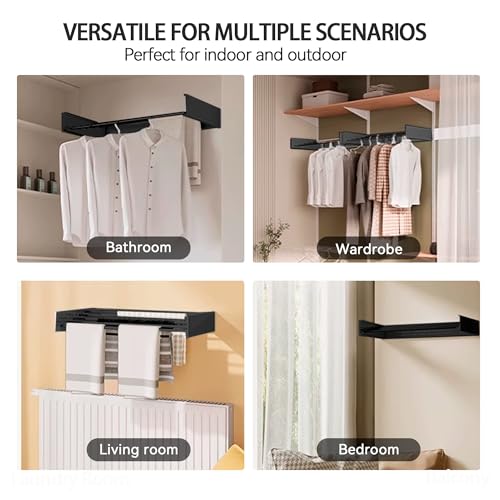 Laundry Drying Rack Wall Mounted Clothes Drying Rack Black,23.6" | Collapsible Drying Rack With 4 Aluminum Rods and Drilling Template Long Screwdriver Bit 60 lbs Capacity - color: Black, size: 23.6"