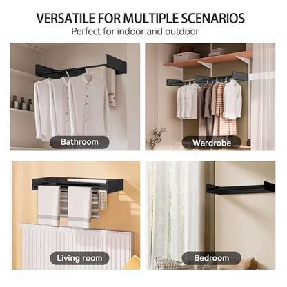 Laundry Drying Rack Wall Mounted Clothes Drying Rack Black,23.6" | Collapsible Drying Rack With 4 Aluminum Rods and Drilling Template Long Screwdriver Bit 60 lbs Capacity - color: Black, size: 23.6"