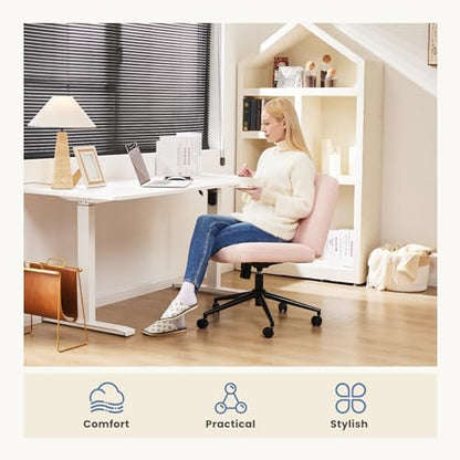 DUMOS Criss Cross Chair with Wheels, Wide Cross Legged Office Desk Vanity Chairs, Armless Height Adjustable Swivel Chairs for Home Computer Task, Teddy Fleece, Pink Wheel - color: Pink Wheel