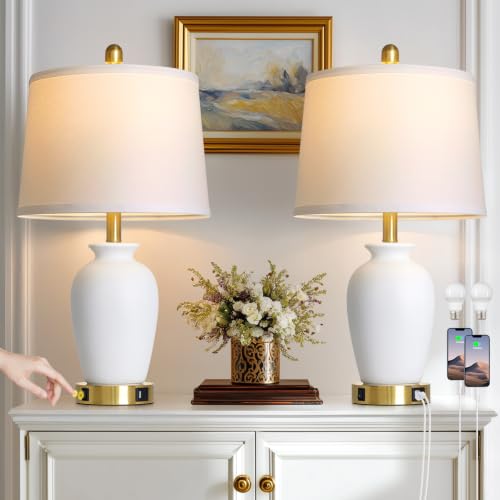 Set of 2 White Ceramic Modern Table Lamps with Ginger Jar Design - for Living Room,Dining Room,Bedroom,Office,Nightstand,End Table - color: White(Unglazed)