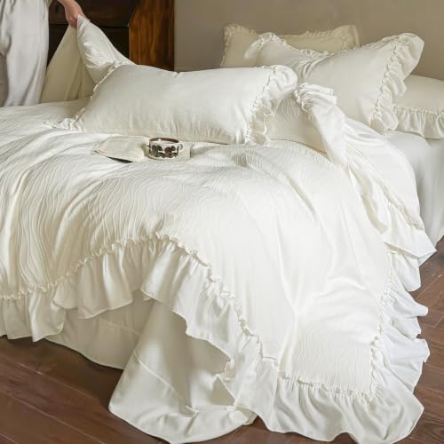 3 Pcs Vintage Cream Wavy Textured Ruffle Full Size Duvet Cover, Zipper&Ties | French Country Shabby Chic Aesthetic Comforter Cover, Soft Breathable Jacquard Romantic Fringe Princess Girls Bedding Set - color: A Wavy Cream, size: Full(Duvet Cover and 2 Pil