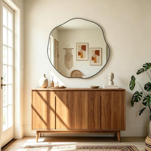 POZINO Scalloped Irregular Mirror, 35" Asymmetrical Decorative Accent Mirror for Wall, Organic Shape Frameless Mirrors for Entryway Living Room Bedroom, Horizontal or Vertical Hanging - color: Black, size: 35"L x 35"W
