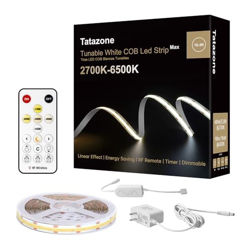 Tatazone 16.4ft Tunable White COB Led Strip Light with RF Remote, CRI93+ Dimmable CCT 2700K-6500K Led Tape Lights, Adhesive 3PIN Dual Color Led COB Light Strip for Bedroom, Kitchen, Cabinet - size: 16.4ft