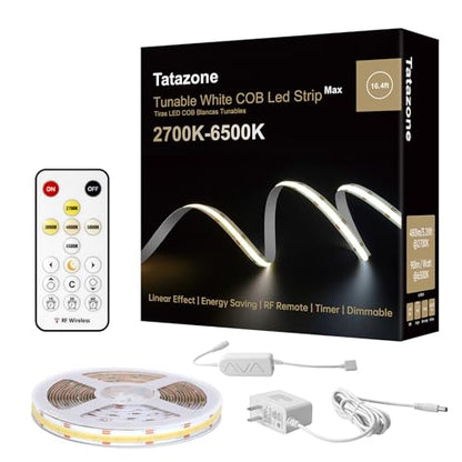 Tatazone 16.4ft Tunable White COB Led Strip Light with RF Remote, CRI93+ Dimmable CCT 2700K-6500K Led Tape Lights, Adhesive 3PIN Dual Color Led COB Light Strip for Bedroom, Kitchen, Cabinet - size: 16.4ft