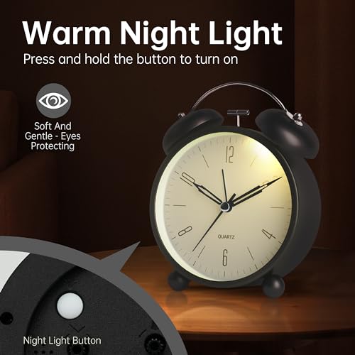 Twin Bell Loud Alarm Analog Alarm Clock, 4 inch Super Silent Non Ticking Small Clock with Night Light, Battery Operated, Simple Design, Old Fashioned, for Heavy Sleeper, Bedroom, Bedside, Desk, Black - color: Black+twin Bell