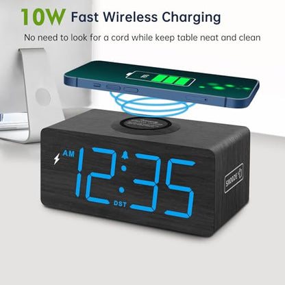 DreamSky Wooden Digital Alarm Clock with Wireless Charging for Bedroom | Bedside Nightstand Clock with Charger Station, USB Port, Large Numbers, Adjustable Volume, Brightness Dimmer, DST - color: Blue