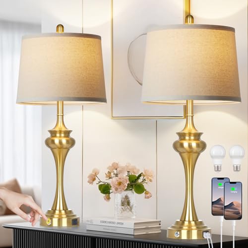Rinweey 30" Gold Tall Table Lamps for Living Room, Touch Control Modern Bedroom Table Lamp with USB A+C Ports, 3-Way Bedside Lamps Set of 2, Elegant Metal Lamp for Night Stand Desk Side Table Office - color: Gold-30”H
