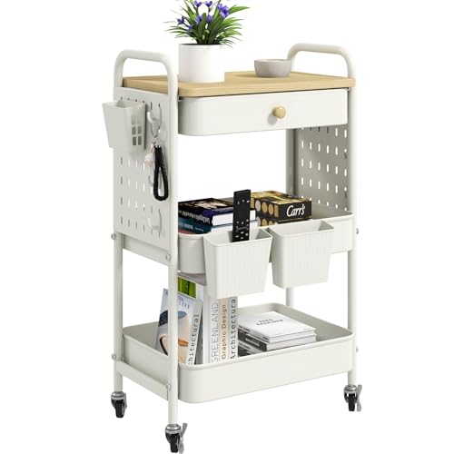 Rolling Utility Cart with Drawer, 3 Tier Rolling Cart with Wheels, Hooks & Hanging Cups, Craft Cart Art Cart Snack Cart Rolling Storage Cart with Wooden Table Top & DIY Pegboards, White